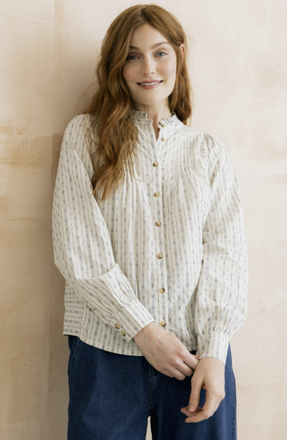 Lily & Me Flora Embroidered Stripe Blouse Ecru