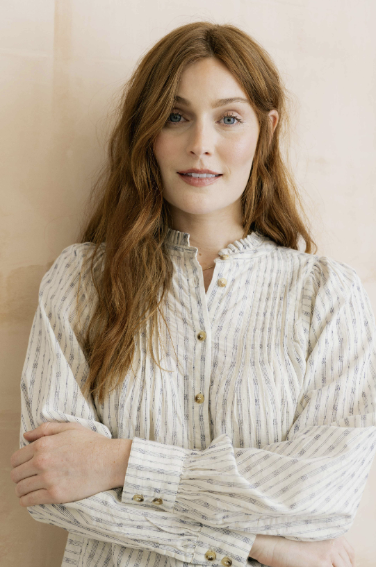 Lily & Me Flora Embroidered Stripe Blouse Ecru