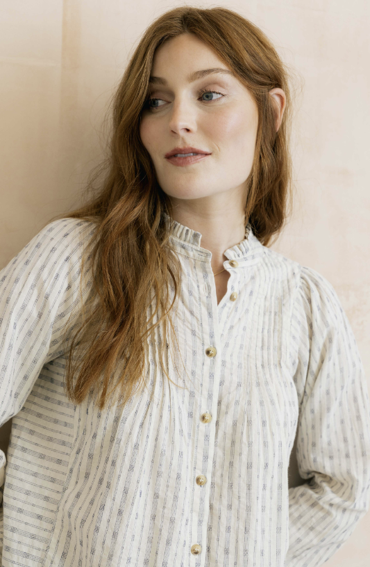 Lily & Me Flora Embroidered Stripe Blouse Ecru