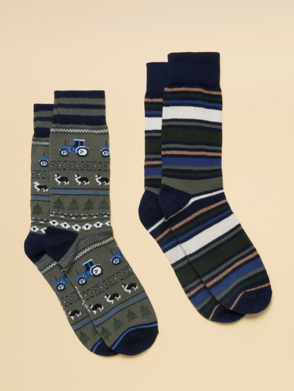 Joules Kingsbury Green Fairisle Tractor Socks 2 Pack