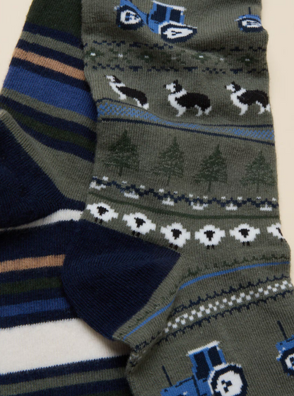 Joules Kingsbury Green Fairisle Tractor Socks 2 Pack