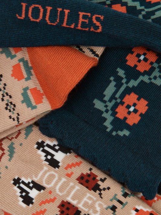 Joules Everyday 2 Pack Socks Tan Fairisle