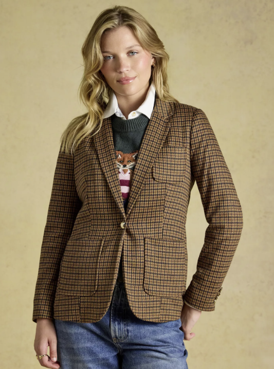 Joules Albury Check Herringbone Jersey Blazer Brown