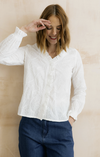 Lily & Me Kit Ruffle Blouse Abstract Bloom White