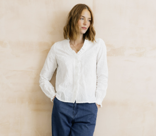 Lily & Me Kit Ruffle Blouse Abstract Bloom White