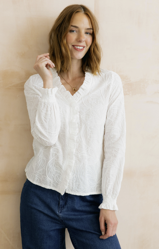 Lily & Me Kit Ruffle Blouse Abstract Bloom White