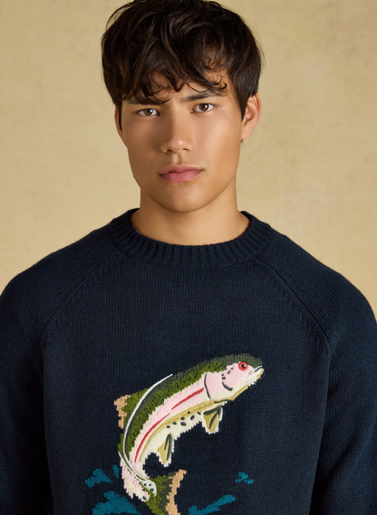 Joules Intarsia Crew Neck Fish Jumper Navy