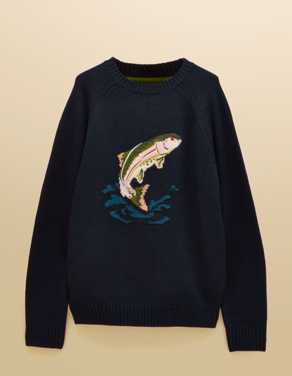 Joules Intarsia Crew Neck Fish Jumper Navy