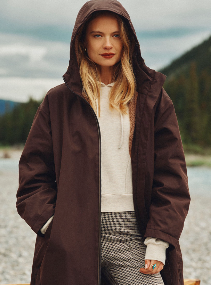 Joules Coverall Oversized Fleece Lined Waterproof Coat Chocolate Brown