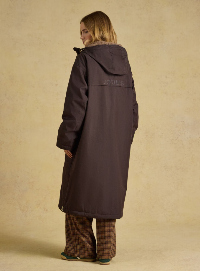 Joules Coverall Oversized Fleece Lined Waterproof Coat Chocolate Brown