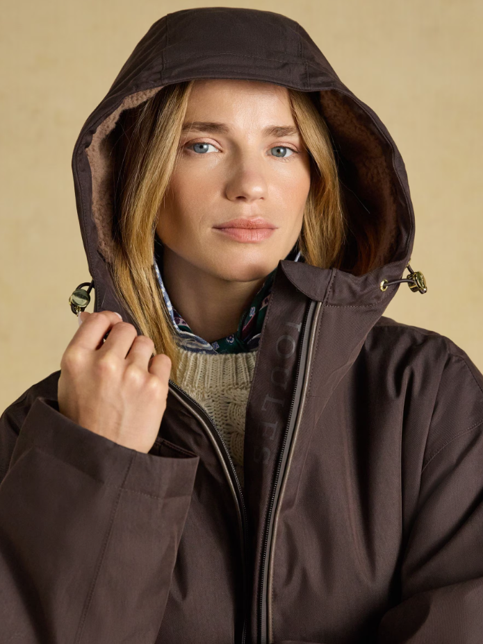 Joules Coverall Oversized Fleece Lined Waterproof Coat Chocolate Brown