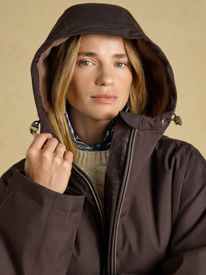 Joules Coverall Oversized Fleece Lined Waterproof Coat Chocolate Brown