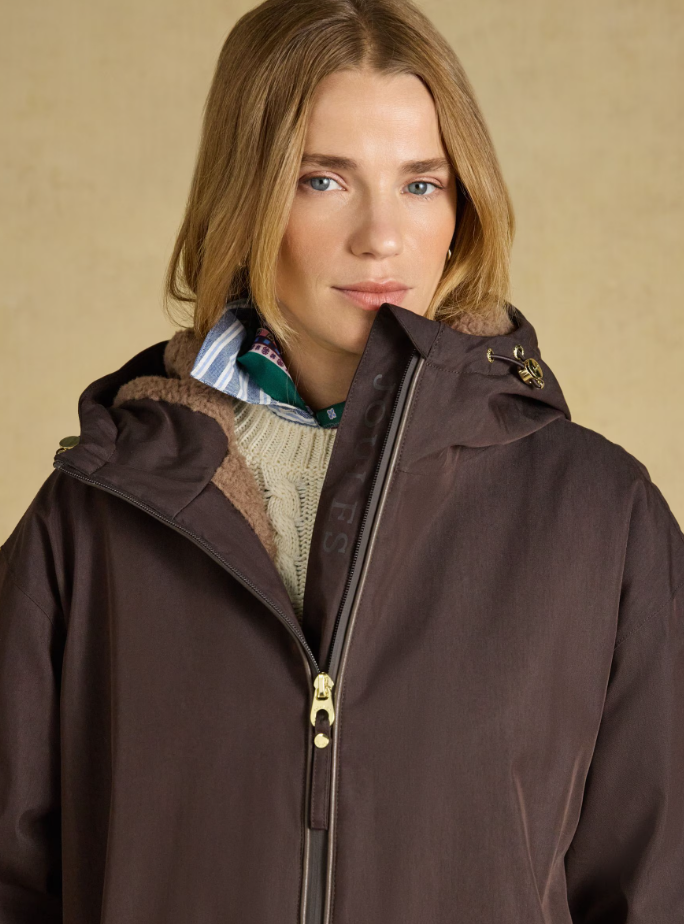 Joules Coverall Oversized Fleece Lined Waterproof Coat Chocolate Brown
