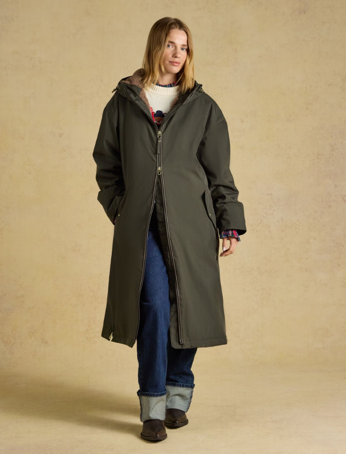 Joules Coverall Oversized Fleece Lined Waterproof Coat Green