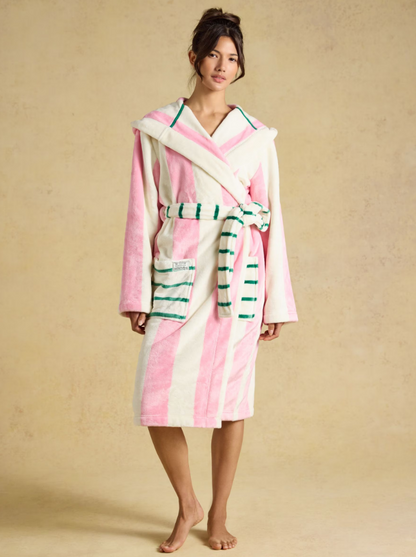 Joules Striped Hooded Fleece Dressing Gown Pink & Cream