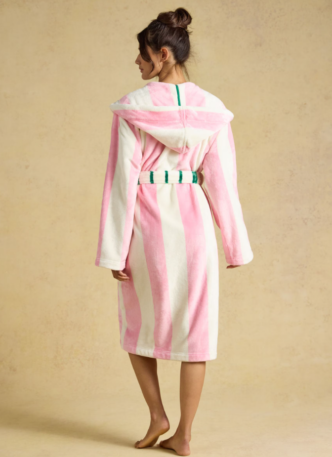 Joules Striped Hooded Fleece Dressing Gown Pink & Cream