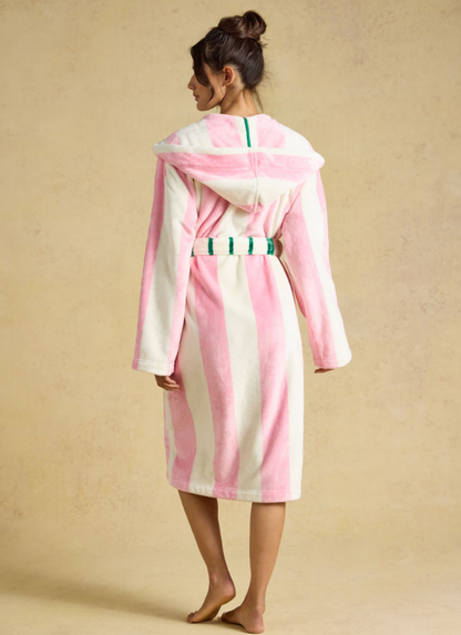 Joules Striped Hooded Fleece Dressing Gown Pink & Cream