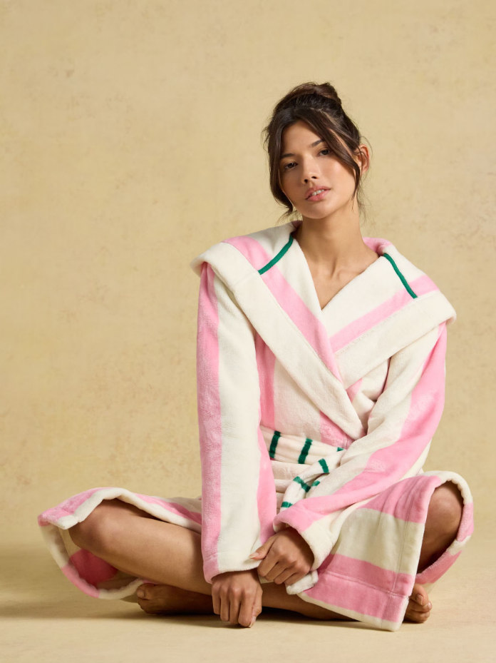 Joules Striped Hooded Fleece Dressing Gown Pink & Cream