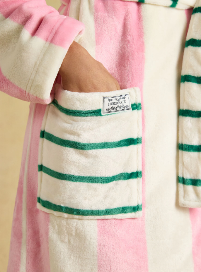Joules Striped Hooded Fleece Dressing Gown Pink & Cream