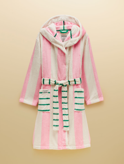 Joules Striped Hooded Fleece Dressing Gown Pink & Cream