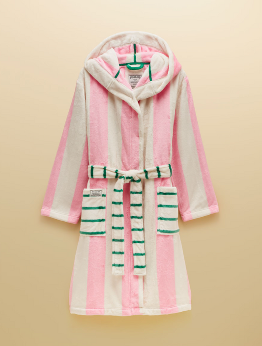 Joules Striped Hooded Fleece Dressing Gown Pink & Cream