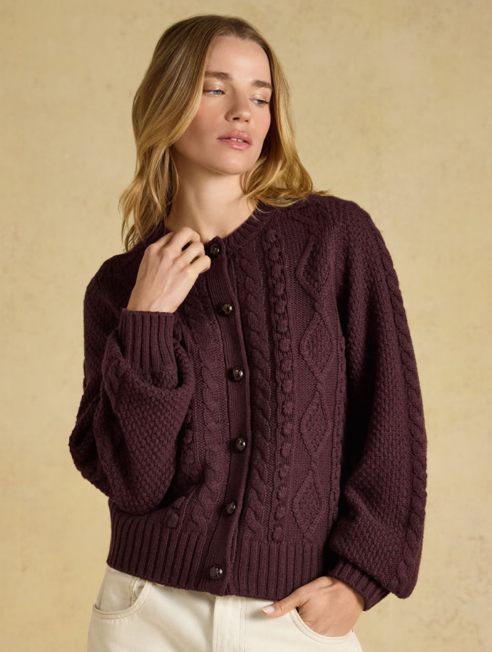 Joules Rafferty Cable Knit Cardigan Wine