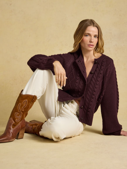 Joules Rafferty Cable Knit Cardigan Wine