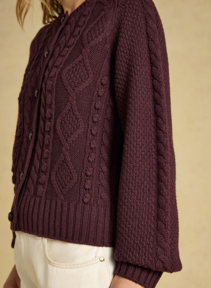 Joules Rafferty Cable Knit Cardigan Wine
