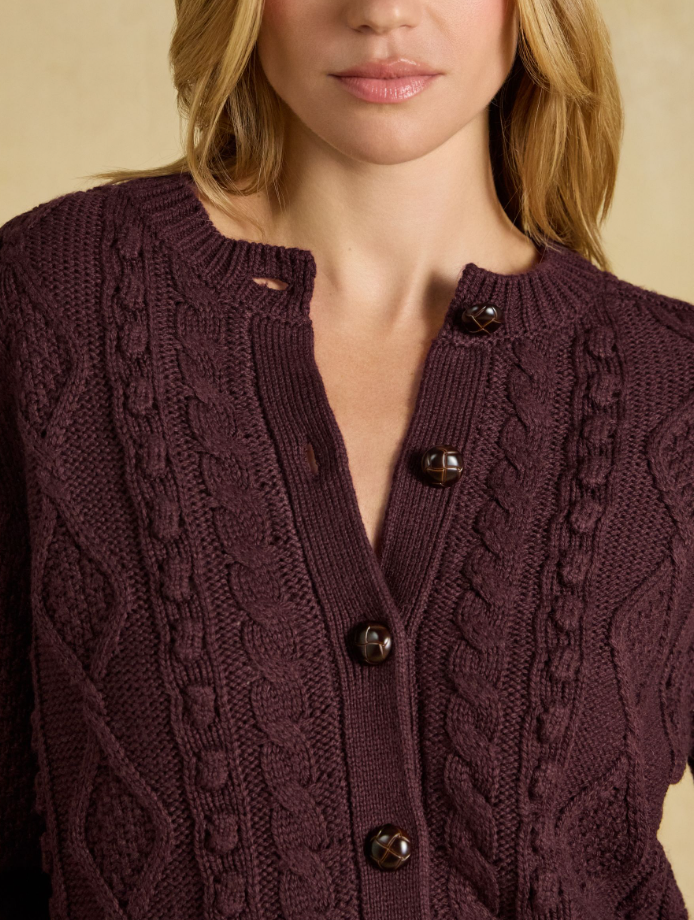 Joules Rafferty Cable Knit Cardigan Wine