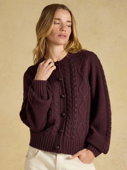 Joules Rafferty Cable Knit Cardigan Wine