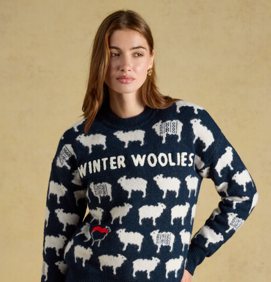 Joules Winter Woolies Sheep Icon Crew Neck Knitted Jumper Navy