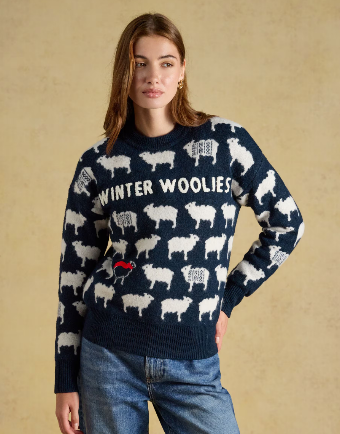 Joules Winter Woolies Sheep Icon Crew Neck Knitted Jumper Navy