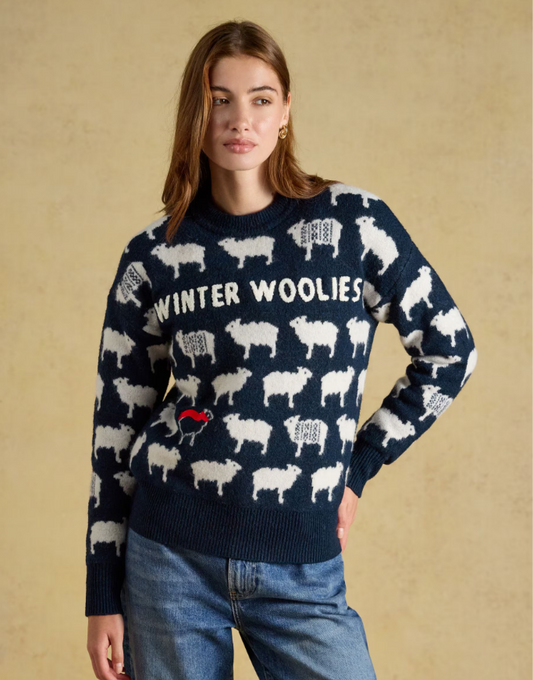 Joules Winter Woolies Sheep Icon Crew Neck Knitted Jumper Navy