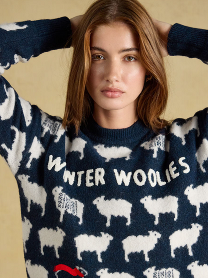 Joules Winter Woolies Sheep Icon Crew Neck Knitted Jumper Navy