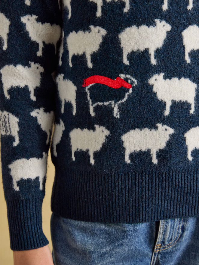 Joules Winter Woolies Sheep Icon Crew Neck Knitted Jumper Navy