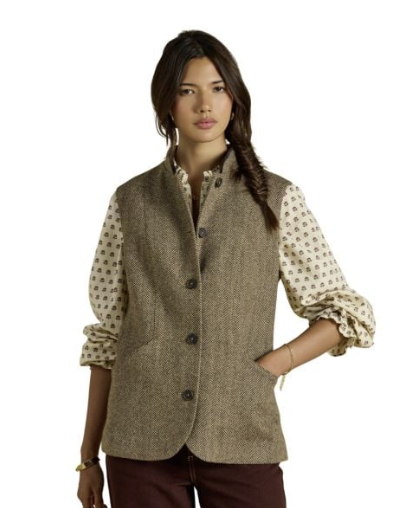 Joules Nehru Tweed Fitted Gilet Brown