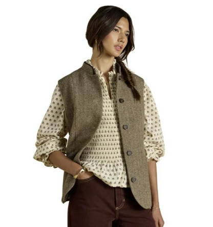 Joules Nehru Tweed Fitted Gilet Brown