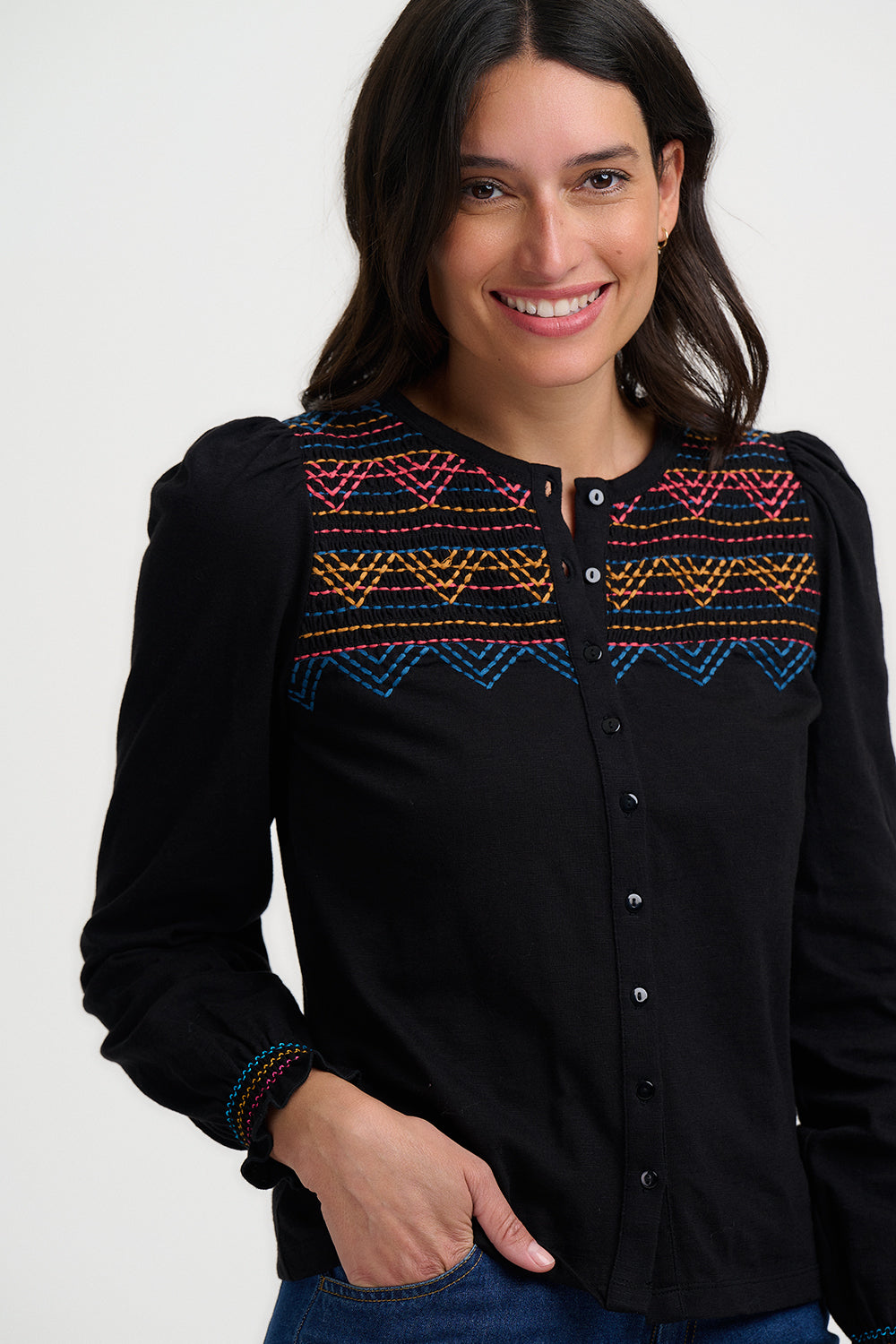 Sugarhill Brighton Luisa Blouson Sleeve Jersey Top Black