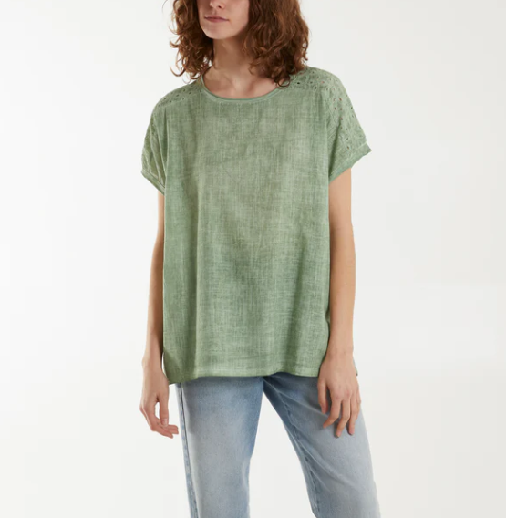 Stone Wash Broderie Anglaise Shoulder Top