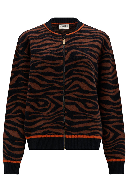 Sugarhill Brighton Solana Knitted Bomber Jacket Black Tiger Print