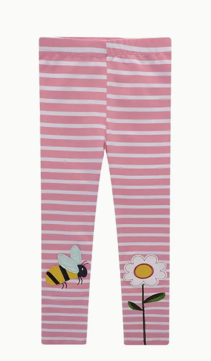 Pink Striped Leggings With Bee and Flower Motif