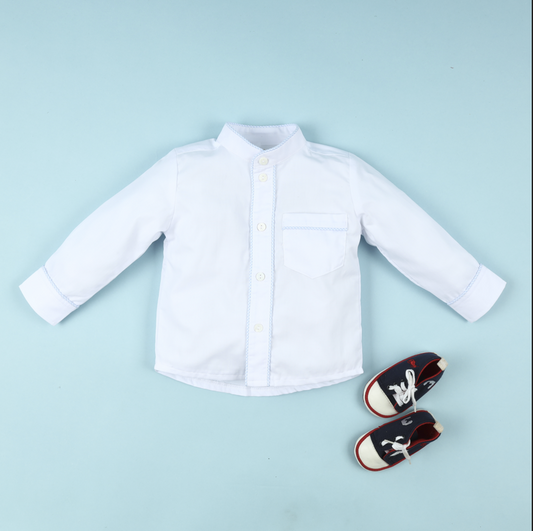 Collarless White Shirt With Blue Embroidered Trim