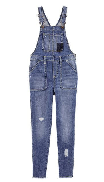 Frayed Hem Mid-Blue Overalls