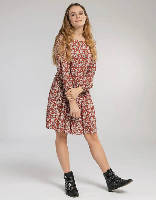 Rust White Floral Tiered Mini Smock Dress