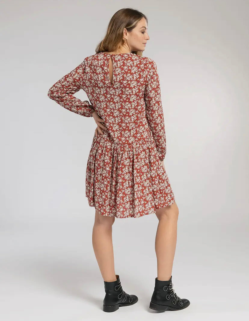 Rust White Floral Tiered Mini Smock Dress