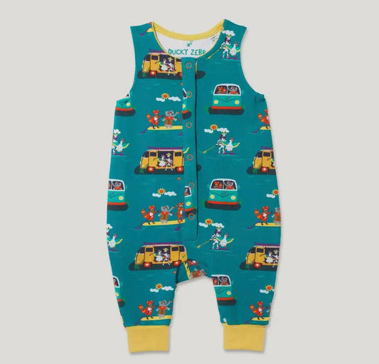 Organic Cotton Dungarees with Campervan and Paddleboard Print