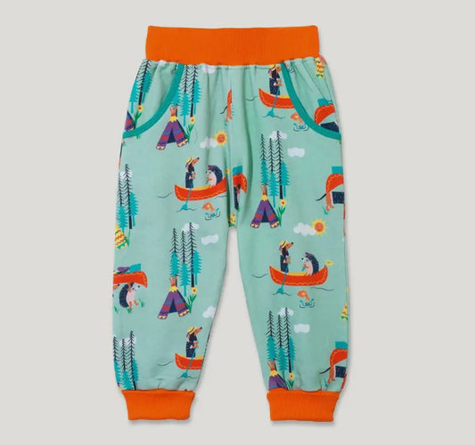 Organic Cotton Green Joggers with Pockets and Canoeing Dog and Hedgehog Print
